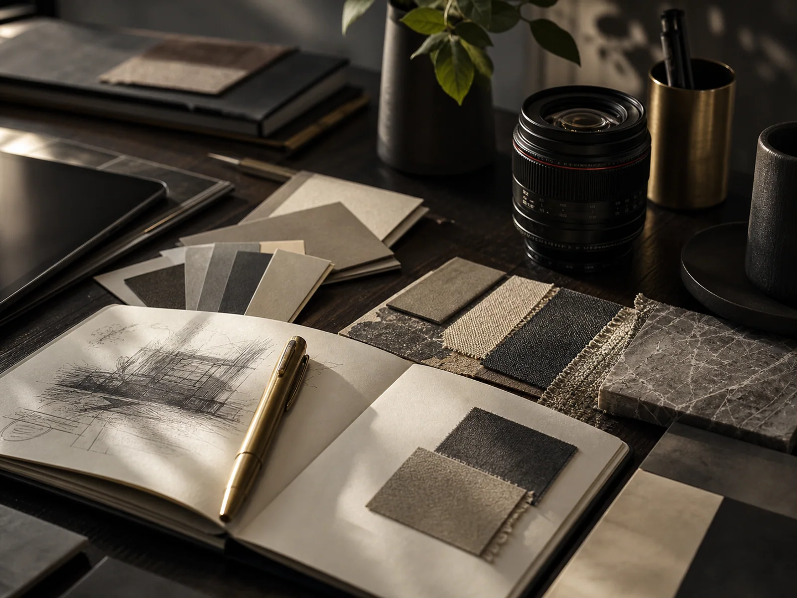 Detail view of a refined creative studio workspace